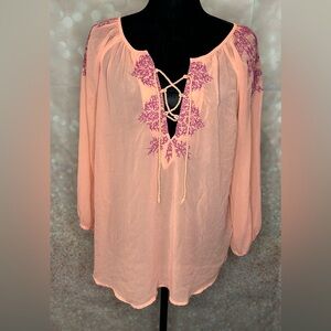 American Eagle Sheer Bright Peach Flowy Peasant Blouse with purple embroidery XL